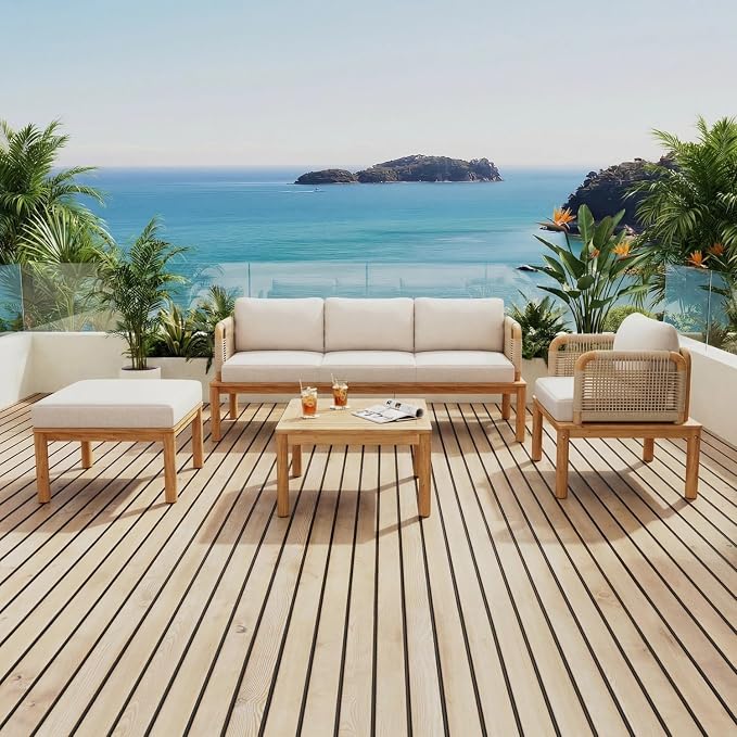 Patio Furniture Set of 4, Outdoor Sectional Furniture with Coffee Table and Ottoman, All-Weather Patio Conversation Set for Backyard, Garden and Poolside (Series A)