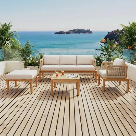 Patio Furniture Set of 4, Outdoor Sectional Furniture with Coffee Table and Ottoman, All-Weather Patio Conversation Set for Backyard, Garden and Poolside (Series A)