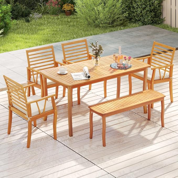 Tangkula 63-Inch Acacia Wood Outdoor Dining Table, 4-6 People Rectangle Patio Table with Umbrella Hole & Slatted Tabletop, Outside Table for Backyard, Garden, Porch, Deck