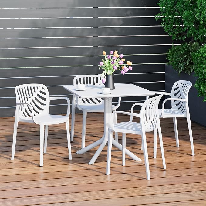 Costaelm Patio Dining Table for 4, Square PP Patio Table, 4-Person Weather Resistant Porch Tables for Outside Poolside Deck Lawn Garden Backyard, White