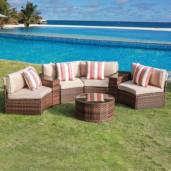 SUNSITT 7 Pieces Patio Furniture Set Outdoor Half-Moon Sectional Set with Waterproof Sofa Cover, Brown PE Wicker & Beige Cushion