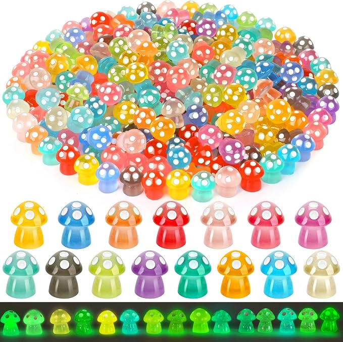 120pcs Luminous Mini Resin Mushroom 15 Colors Glow in The Dark Tiny Little Figures to Hide Small Mushrooms for Micro Fairy Garden Landscape Aquarium Accessories Dollhouse Hide Crafts Decor