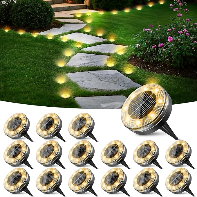 Mini Solar Ground Lights, 16 Pack Flat Solar Disc Lights Outdoor Waterproof, 2.3 Inch Small Solar Garden Lights Landscape Lighting for Outside Pathway Garden Yard Lawn Walkway,Warm White