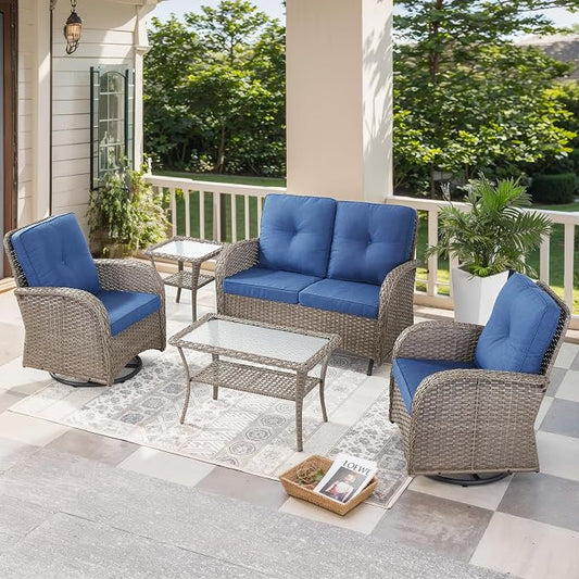 5 Pieces Patio Furniture Set-Outdoor Rocking Chairs Set of 2 Outdoor Glider Bench with Wicker Outdoor Coffee Table for Deck Lawn Porch Balcony Poolside-Grey/Blue