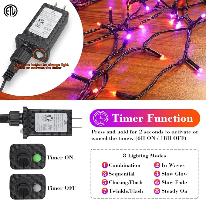 FairyGlim Halloween String Lights Plug in,33FT 100 LED String Lights with 8 Modes & Timer, Halloween Decorations for Party Carnival Supplies, Outdoor Indoor Yard Garden Decor, Purple & Orange