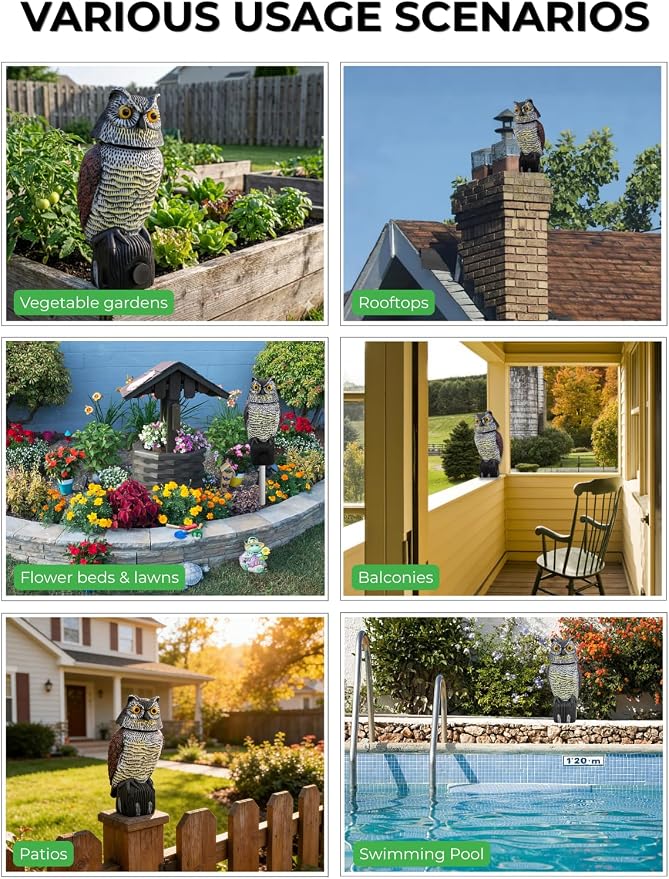 Garden Fake Owl Sculpture with 360° Rotating Head, Waterproof Garden Owl | Realistic Large Outdoor Owl Statue for Yard Patio Balcony Roof Barn Driveway Garden Pool