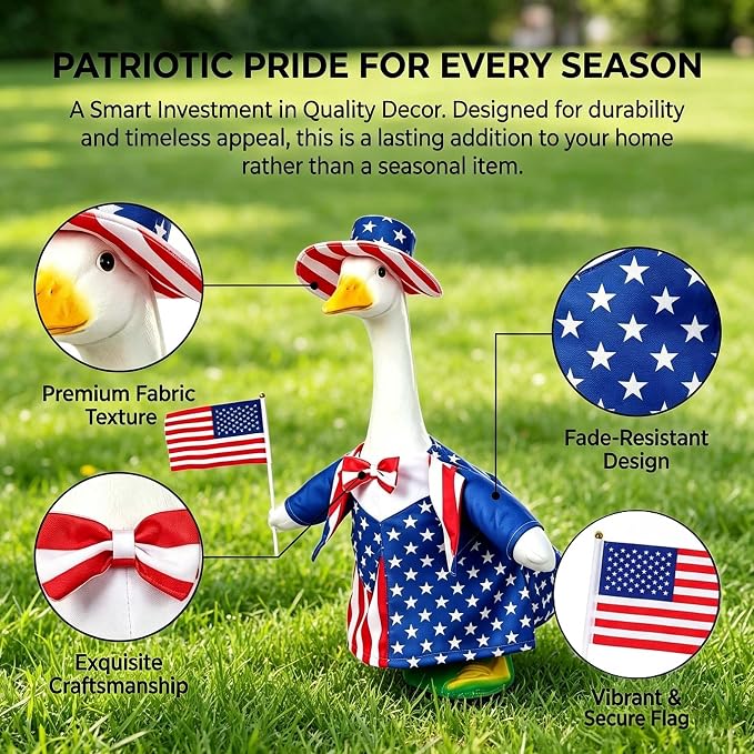 Go Ho Patriotic Porch Goose Outfit, American Flag 4th of July Clothes for 23 Inch Porch Goose Statue, Independence Day Costume Set, 250th Anniversary USA Outdoor Lawn Garden Yard Patio Decoration
