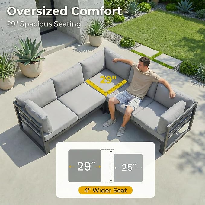 RADIATA 9 Piece Oversized Modular Outdoor Furniture Set with Fire Pit Table, 29 inch Deep Wide Sectional Seating, Heavy Duty Aluminum Frame for 500 lbs, Patio Conversation Set for Poolside, Light Gray