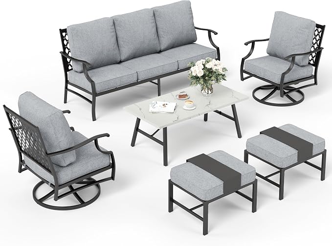SUNSHINE VALLEY 6 Piece Metal Outdoor Patio Furniture Set, Patio Conversation Sets 1 3-seater Sofa, 2 Swivel Chair, 2 Ottomans with 5.75" Thick Cushion and Coffee Table, Black Backyard Furniture, Gray