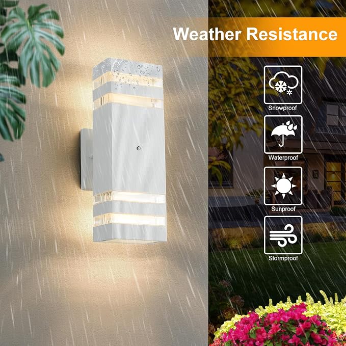 Dusk to Dawn Outdoor Wall Lights 2 Pack, White Up and Down Exterior Wall Light Fixture Outdoor Lights for House Hallway Garage Entryway