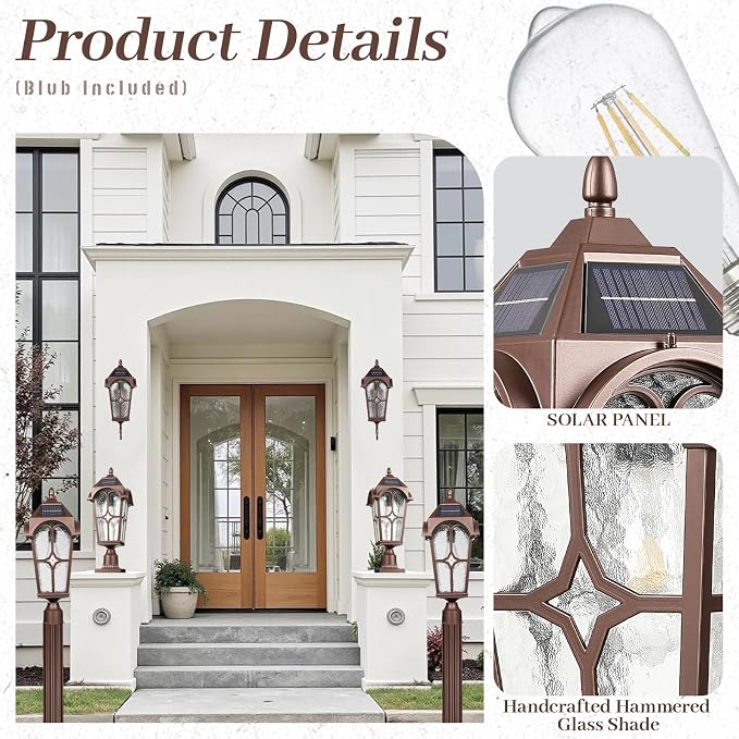 22 Inch Large Solar Post Light Outdoor, Dusk to Dawn Pier Mount Lamp, Oil Rubbed Bronze (ORB) Aluminum with Seeded Water Ripple Glass, Waterproof Solar Pole Light Fixture for Yard Garden Pillar Patio