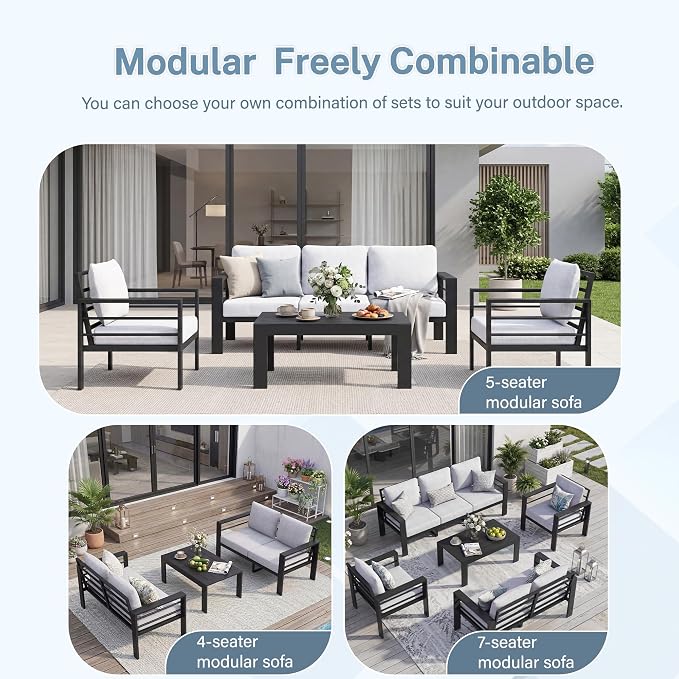 Aluminum Patio Furniture Set, 4 PCS Metal Oversized Outdoor Furniture Set Washable Thick Cushions, 5 Seat Patio Conversation Set with 3.54” Wide armrest and Coffee Table for Patio, Garden