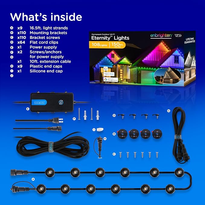 Enbrighten Eternity Permanent Outdoor Lights, 150ft, 108 Lights, Smart | Black Cord, RGBWIC LEDs, Weatherproof, Cuttable, Link to 200ft, Christmas, App Control, Works with Alexa & Google Home