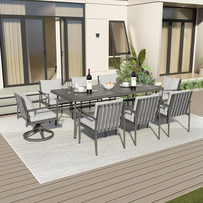 9-Piece Outdoor Dining Set for 8, Aluminum Dining Set with Cushions, 6 Dining Chairs and 2 Swivel Chairs with Rope Backrest, Large Rectangular Table with Umbrella Hole for Lawn Porch Yard,Grey