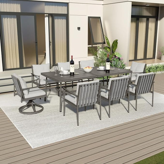 9-Piece Outdoor Dining Set for 8, Aluminum Dining Set with Cushions, 6 Dining Chairs and 2 Swivel Chairs with Rope Backrest, Large Rectangular Table with Umbrella Hole for Lawn Porch Yard,Grey
