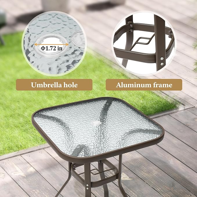 Crestlive Products Outdoor Bar Table with Umbrella Hole, Patio Dining Bistro Table with Aluminum Frame Tempered Glass Top, Outside Banquet Furniture for Garden, Pool, Deck, Lawn (Brown)
