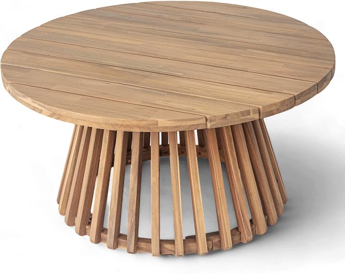 Wood Outdoor Round Coffee Table, Weather-Resistant Patio Table with Striped Base, for Garden, Deck, and Backyard, Light Brown