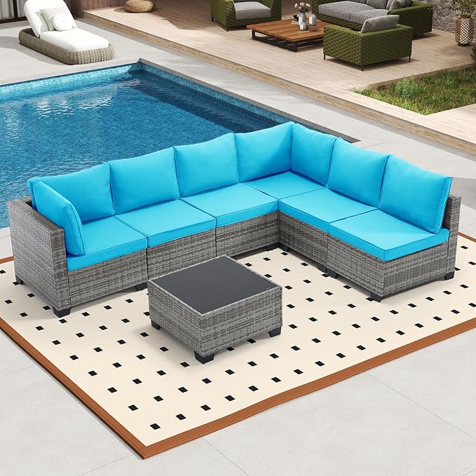 Bonzy Home 7 Pieces Outdoor Patio Furniture Set, PE Rattan Outdoor Sectional Furniture Sofa Set with Removable Cover and Glass Coffee Table, Patio Sofa for Balcony, Porch, Garden, (Grey-Turk Blue)