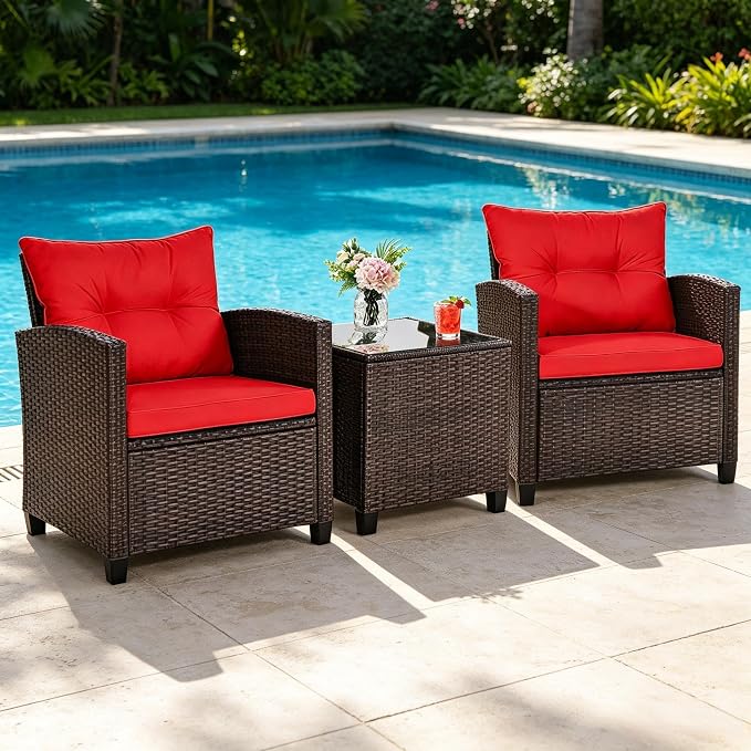 ORALNER 3 Pieces Patio Furniture Set, Outdoor Wicker Conversation Set Rattan Chairs with Cushions, Glass Coffee Table, Bistro Set for Front Porch Balcony Garden Deck Poolside (Red)