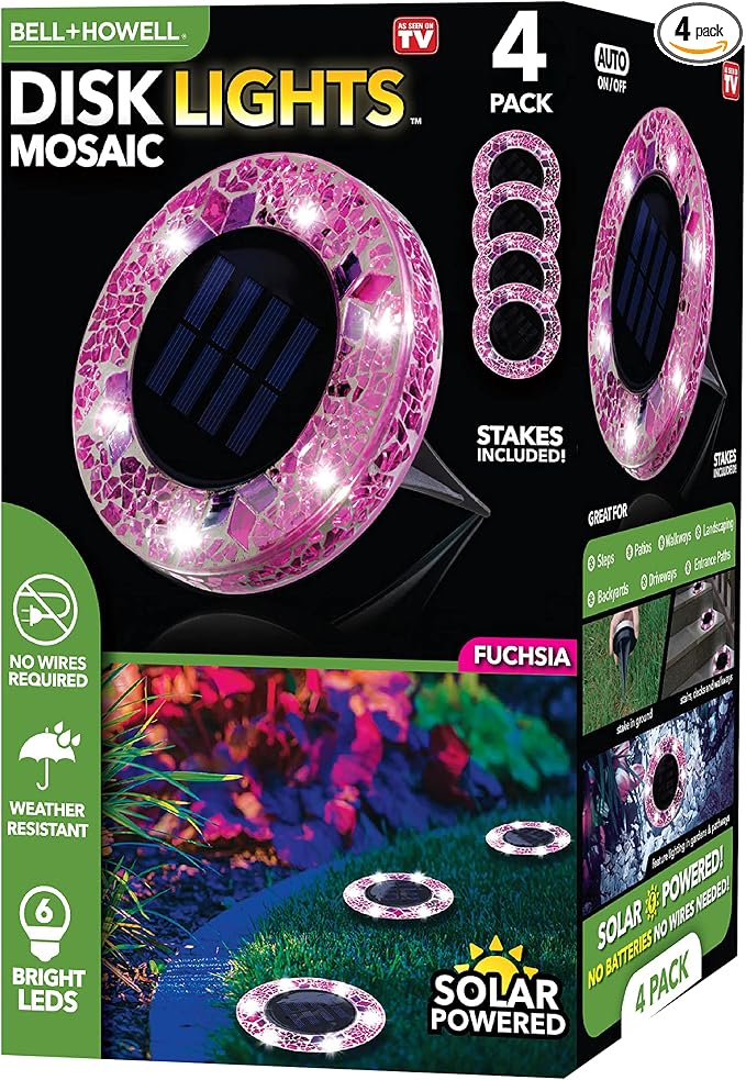 Bell+Howell Solar Outdoor Mosaic Disk Lights, 4 Pack Ultra-Premium Glass Decorative Pathway, Solar Outdoor Waterproof Disk, LED Pathway, Auto On/Off Lights - Radiant Pink