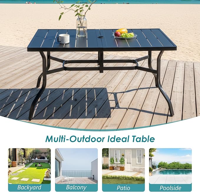 Thanaddo 57" Outdoor Patio Dining Table, Metal Rectangular Table with 2.16" Umbrella Hole, Weather-Resistant Slatted Steel Table for Backyard, Garden, Poolside, Black