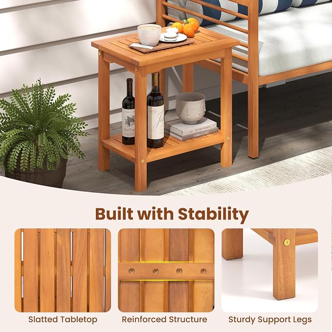 Tangkula Outdoor Side Table, 2-Tier Patio End Table with Slatted Tabletop & Storage Shelf, Acacia Wood Accent Bistro Table for Backyard, Poolside, Garden, Indoor, Natural (1)