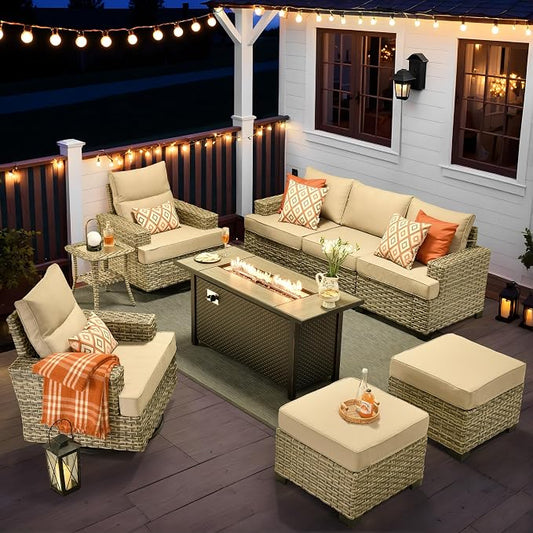 9 Pcs Outdoor Sectional Patio Furniture Set with Fire Pit Table and Swivel Rocking Chairs - All Weather Wicker Modular Outside Sectional Couch,Patio Seating Outdoor Conversation Sets,Beige