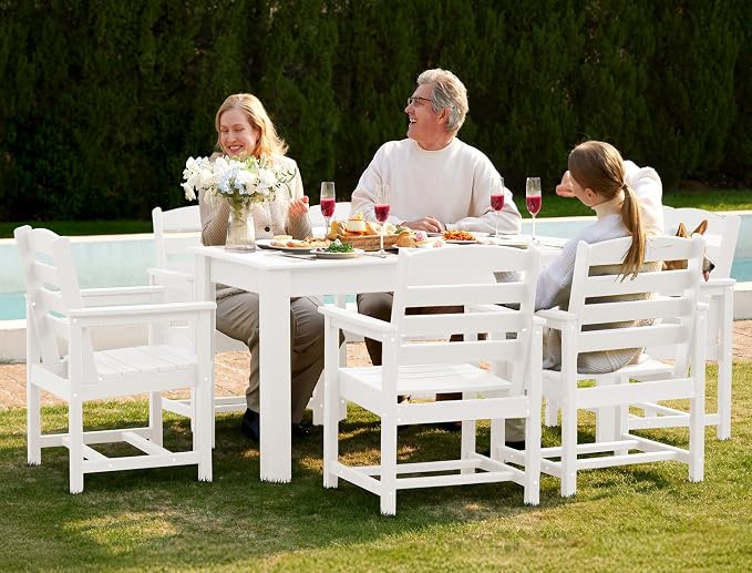 SERWALL 59" HDPE Patio Dining Set for 6, w/ 1 Table & 6 Armchairs, White | All Weather Resistant HDPE Dining Sets for Patio, Garden, Backyard