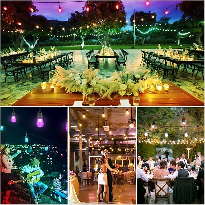 Mlambert Multicolor 144FT(3x48FT) LED Patio String Light with Remote, Black | Plug in, 8 Lighting Modes, 45+6 S14 RGB Edison Bulbs, Dimmable, Shatterproof, Waterproof, Connectable, for Bistro Balcony