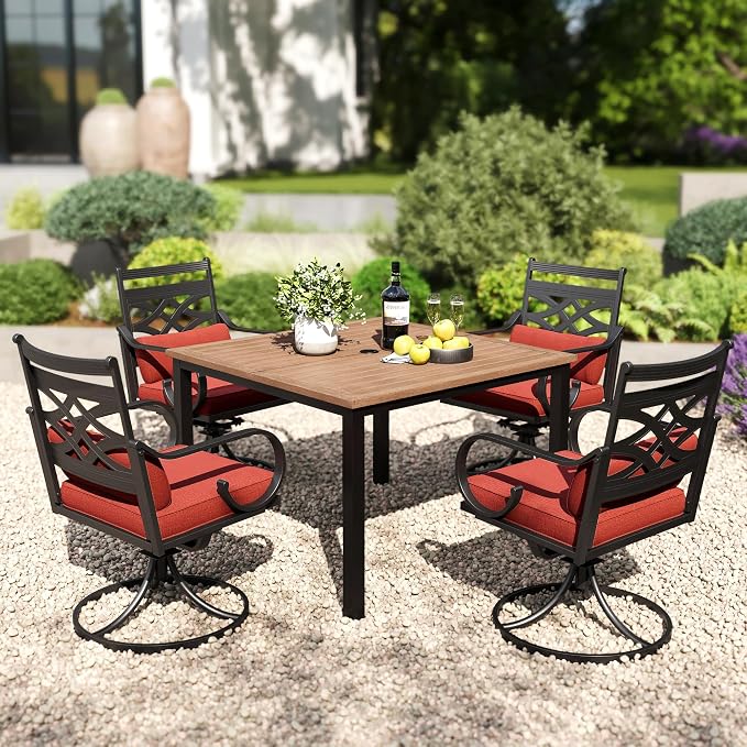 PHI VILLA Patio Dining Set, Swivel Chairs, Square Metal Table | Metal chairs, Red, Umbrella Hole, Cushions, E-coated
