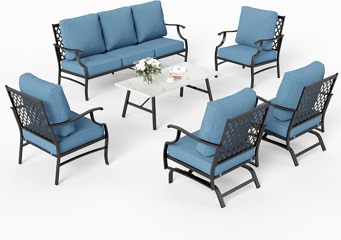 SUNSHINE VALLEY 6 Piece Metal Outdoor Patio Furniture Set, Patio Conversation Set 1 3-Seater Sofa, 2 Rocking Chair, 2 Leg Chair with 5.75" Thick Cushion and Coffee Table, Backyard Furniture Set, Navy