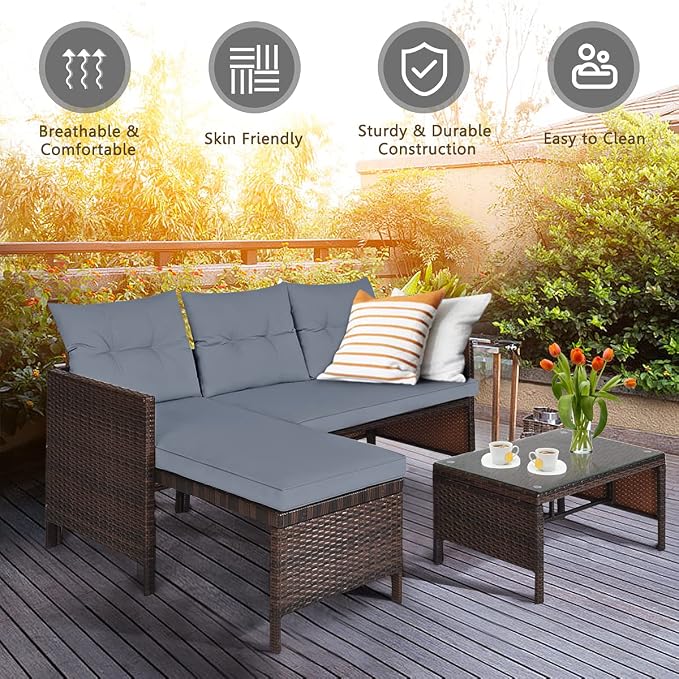 RELAX4LIFE 3-Piece Patio Furniture Set, Outdoor Wicker Sectional Sofa Set w/Washable Cushion, Tempered Glass Coffee Table, Rattan Conversation Set Outdoor Couch for Garden Backyard Deck (Grey)