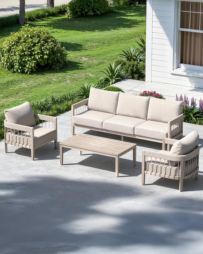 Never-Rust Aluminum Outdoor Coffee Table, All-Weather Patio Coffee Table with Faux Wood Grain Finish Frame, Rectangle Outdoor Table with Adjustable Feet for Garden, Porch, Backyard, Indoor