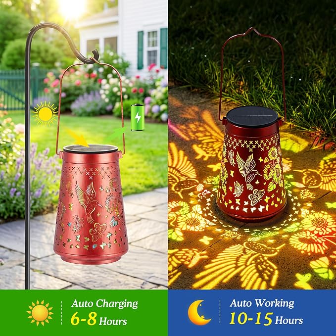 Hummingbird Solar Lanterns Waterproof Outdoor Solar Lights | Sunflower & Butterfly Patterns, Metal Hanging Lights for Patio & Yard, Garden Decor Gifts for Women, Mom & Grandma, 1 Pack