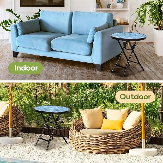 Abba Patio Bistro Table,18" Round Folding Side Table with Tempered Glass Tabletop,Small End Table for Outdoor Indoor Yard Garden Balcony Coffee,Blue