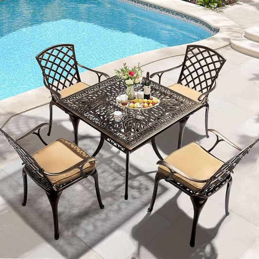 VINGLI 5-Piece Outdoor Patio Dining Set, Cast Aluminum All-Weather Outdoor Table and Chairs w/Cushion, Outdoor Furniture Set w/Umbrella Hole for Backyard Deck Poolside (Square, Grid Back)