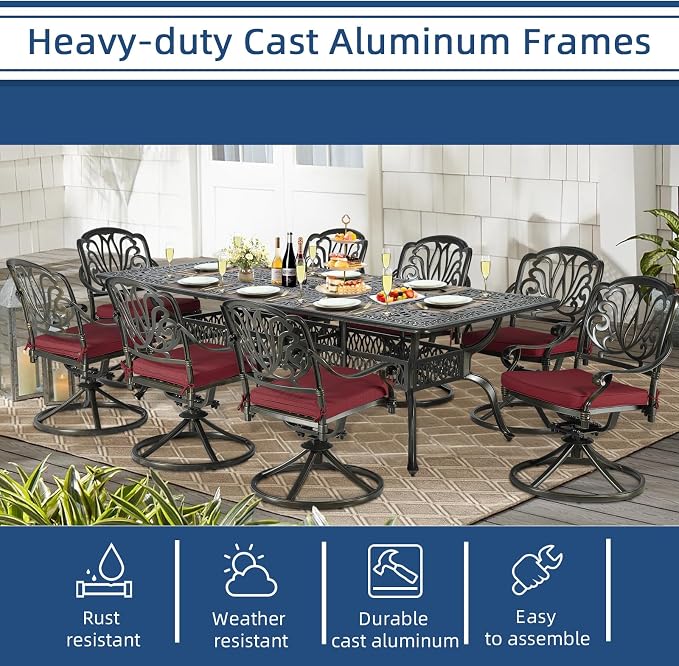 9-Piece Patio Cast Aluminum Dining Set, Outdoor Dining Furniture Set for 8 Person, Includes 94.5" Rectangular Dining Table and 8 Swivel Chairs with Umbrella Hole for Deck Garden, Red