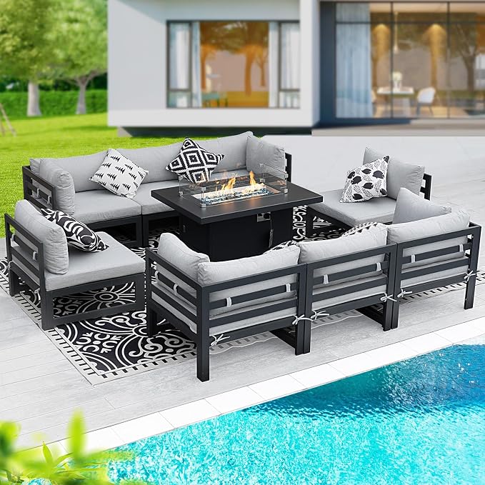 BULEXYARD 9 Piece Oversized Modular Outdoor Furniture Set with Fire Pit Table, 29" Deep Wide Sectional Seating, Heavy Duty Aluminum Frame for 500 lbs, Patio Conversation Set for Poolside, Light Gray