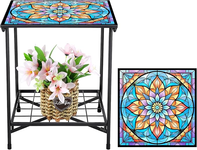 Cinnvoice Outdoor Side Table 2-Tier Storage Square Small Mosaic Patio Accent Indoor End Plant Coffee Tea Table for Yard Patio Porch Garden Living Room, Bedroom(Mandala Style)