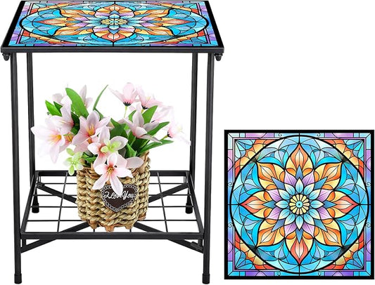 Cinnvoice Outdoor Side Table 2-Tier Storage Square Small Mosaic Patio Accent Indoor End Plant Coffee Tea Table for Yard Patio Porch Garden Living Room, Bedroom(Mandala Style)
