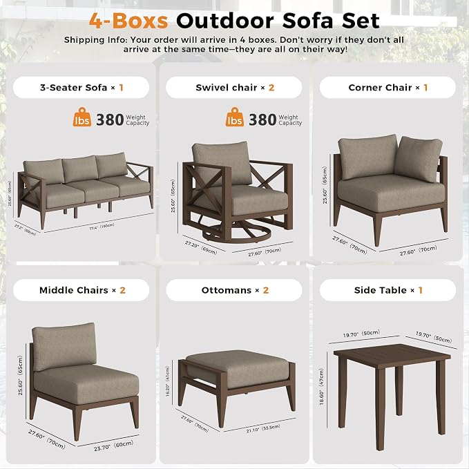 Aluminum Outdoor Patio Furniture Set with Swivel Chairs, 11-Piece Outdoor Sectional with 5.2" Thick Cushions, Patio Conversation Sets with Ottomans for Backyard,(Brown,8 Seats)