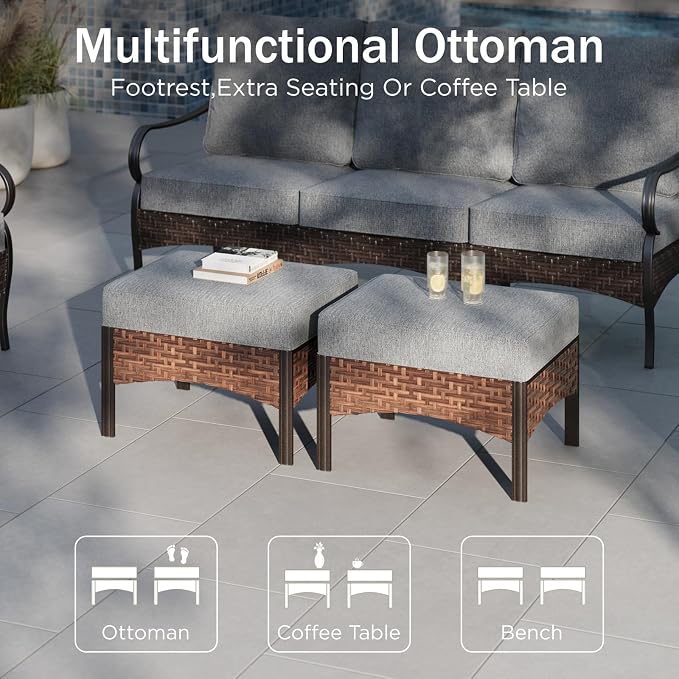 PHI VILLA Patio Furniture Set, Upgraded Wicker & Metal Modern Outdoor Conversation Sets Patio Sectional Fixed Chair Set with Coffee Table & Waterproof Thick Cushions for Porch, Deck(6 Pieces, Grey)