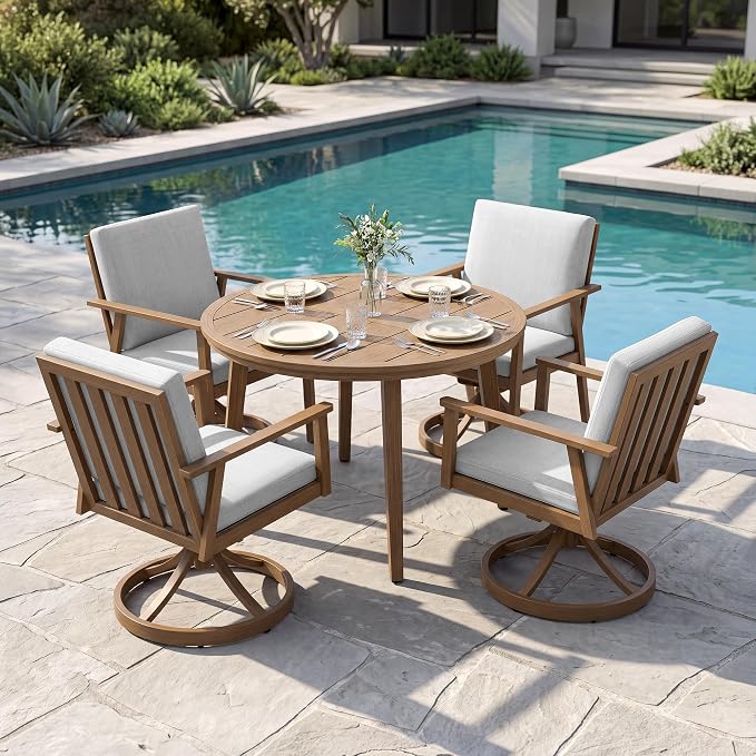 5-Piece Round Patio Swivel Dining Set, Aluminum Round Outdoor Dining Set with 4 Swivel Chairs, Patio Dining Table Set with Cushions, Never-Rust Outdoor Furniture Set for Pool, Deck, Lawn, Teak