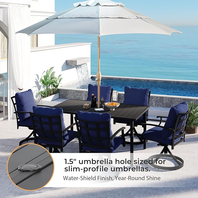 HAPPATIO 7-Piece Patio Dining Set, Outdoor Dining Set with Powder-Coated Metal,Dining Table with Umbrella Hole, 6 Swivel Chairs with Removable Cushions for Porch Poolside Garden,Navy Blue