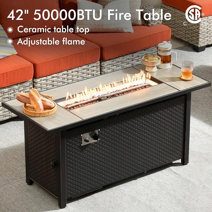 9 Pcs Outdoor Sectional Patio Furniture Set with Fire Pit Table and Swivel Rocking Chairs - All Weather Wicker Modular Outside Sectional Couch,Patio Seating Outdoor Conversation Sets,Orange Red