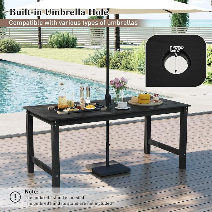 Tangkula HDPE Outdoor Dining Table for 6 Person, 67” Patio Table with Wood-Like Tabletop and Umbrella Hole, Weather-Resistant Rectangle Table for Garden, Backyard and Poolside (Black, 1 Table)