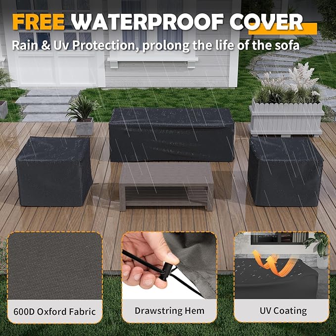 Amopatio Aluminum Patio Furniture Set, 6 Pieces Modern Metal Outdoor Furniture Sets, Faux Wood Grain Finish Frame Patio Sofa with 6" Cushion for Backyard, Dark Grey (Included Waterproof Covers)
