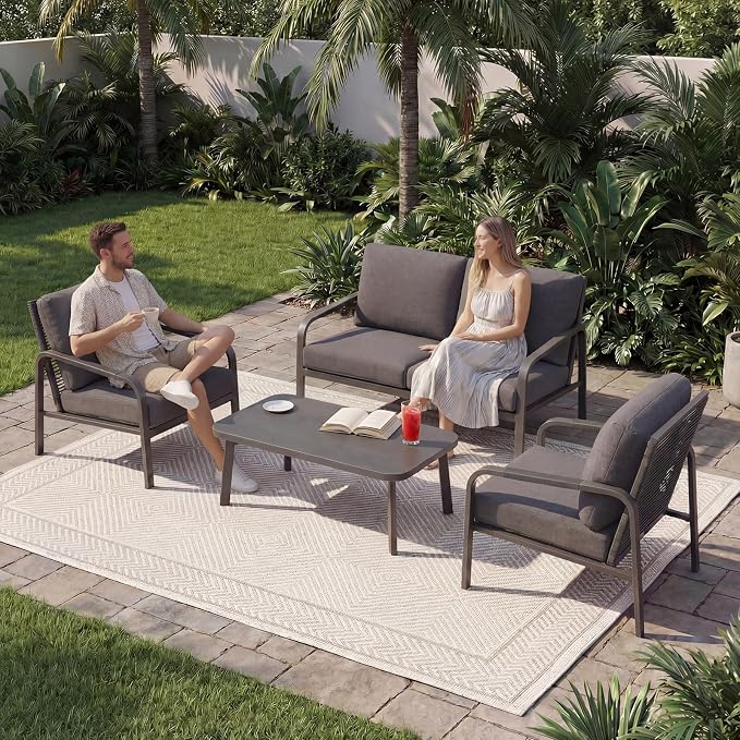 4-Piece Aluminum Patio Furniture Set, Outdoor Conversation Set with Loveseat, Chairs & Coffee Table, Deep Seating Cushions, All-Weather Metal Patio Furniture for Backyard, Balcony, Gray