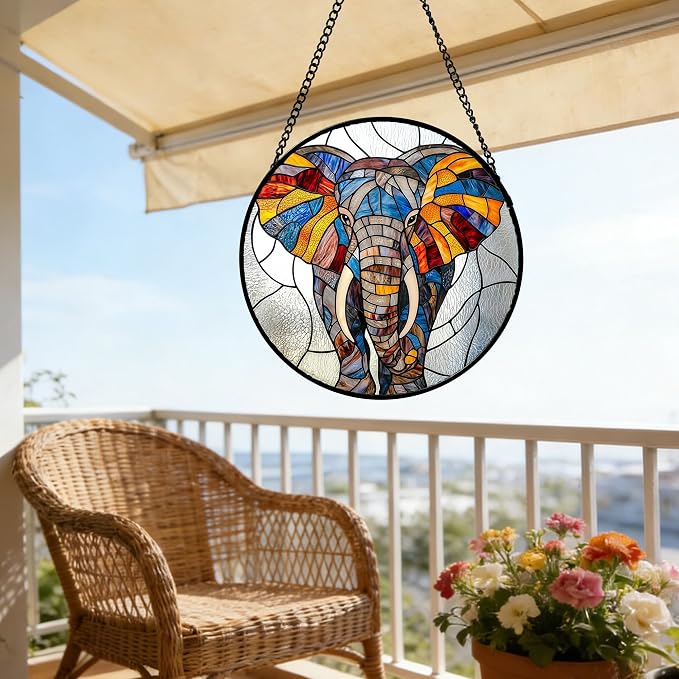 Stained Glass Window Hanging, Colorful Elephant Sun Catcher for Door Home Decor Animal Suncatcher Christmas Mother's Day Birthday Gifts for Women Men Mom and Nana 11.8 in