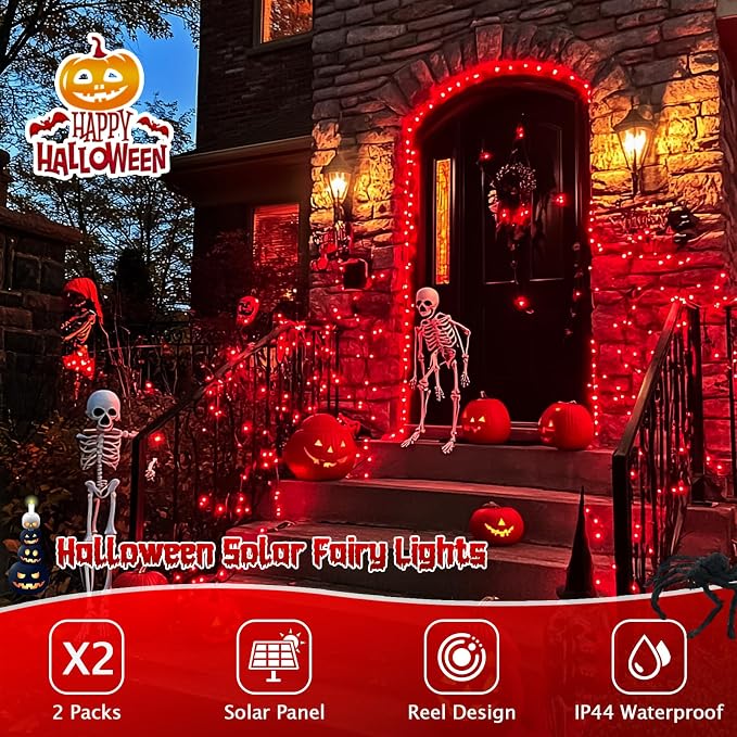 JMEXSUSS 4 Pack Solar Fairy Lights, 100 LED 33FT Red Halloween Lights | Outdoor Waterproof, 8 Modes Copper Wire Solar String Lights for Outside Patio Yard Garden Christmas Halloween Decorations